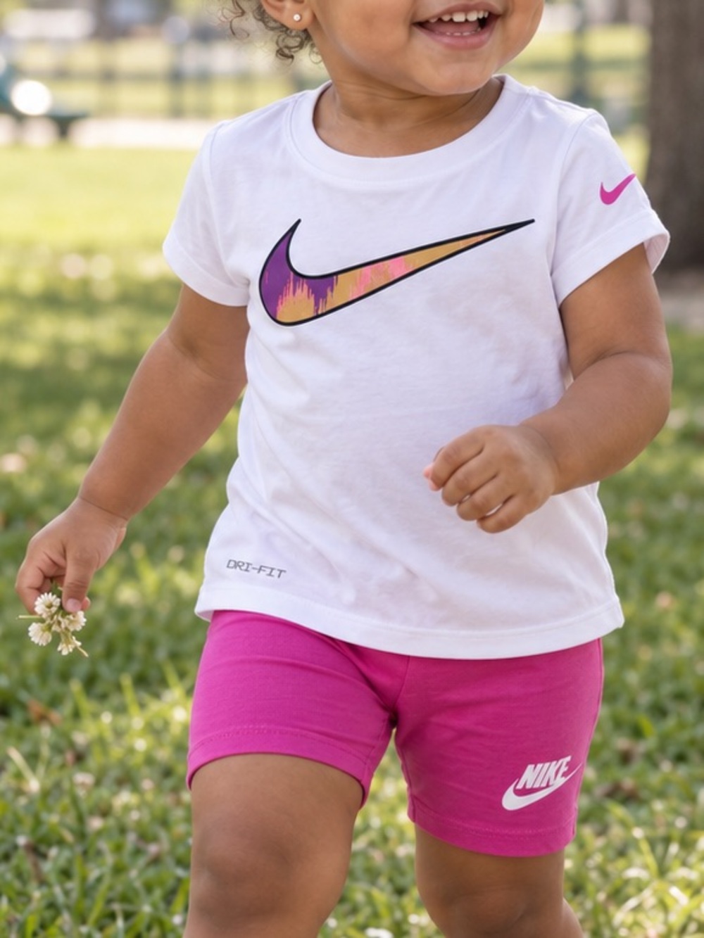 Nike Girls Dri-FIT Swoosh Tee Pink Bike Shorts Sporty 2 Piece Set
